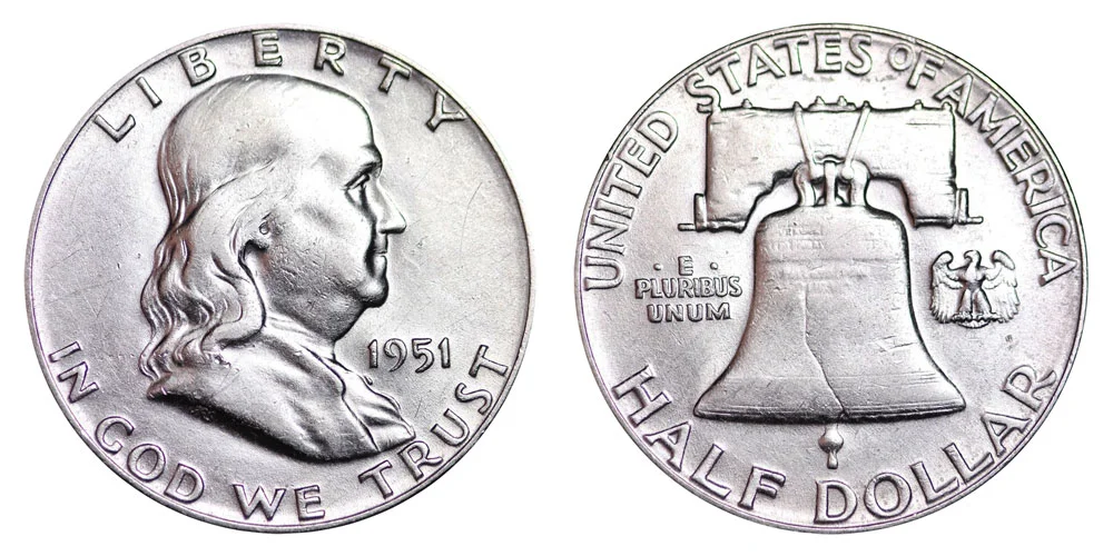 1951 Franklin half dollar obverse and reverse showing Benjamin Franklin portrait and Liberty Bell