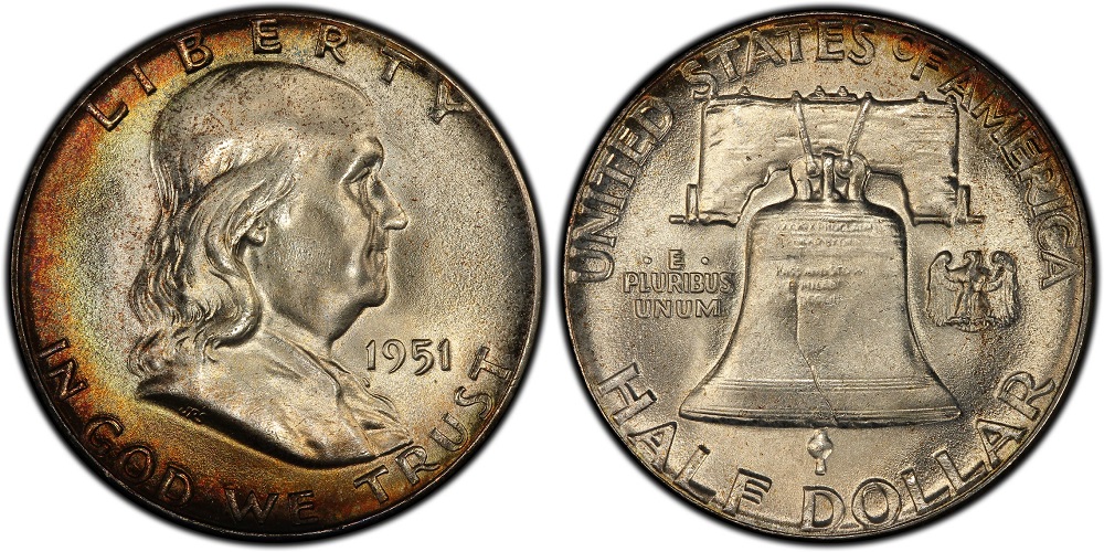 1951 Franklin half dollar Full Bell Lines comparison — common incomplete lines left vs complete FBL lines right