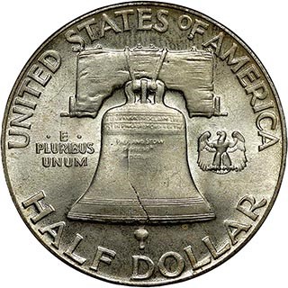 1951 Franklin half dollar Full Bell Lines close-up showing complete horizontal lines at base of Liberty Bell