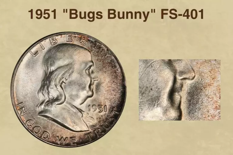 1951 Franklin half dollar Bugs Bunny die clash FS-401 showing raised spike at Franklin's upper lip