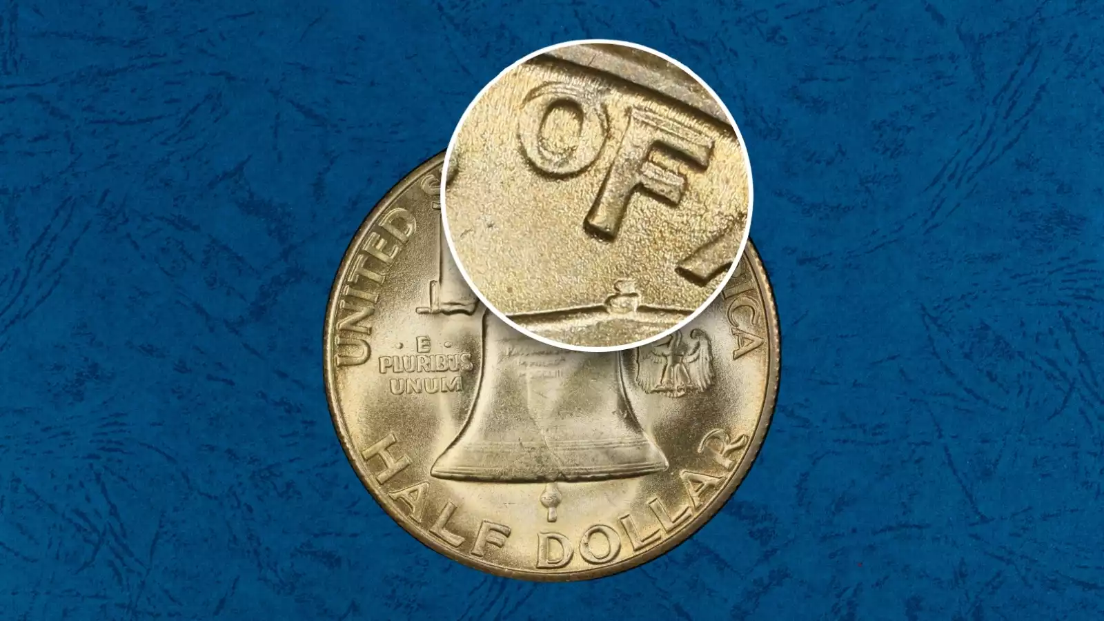 1951-S Franklin half dollar doubled die reverse FS-801 showing doubled lettering on reverse