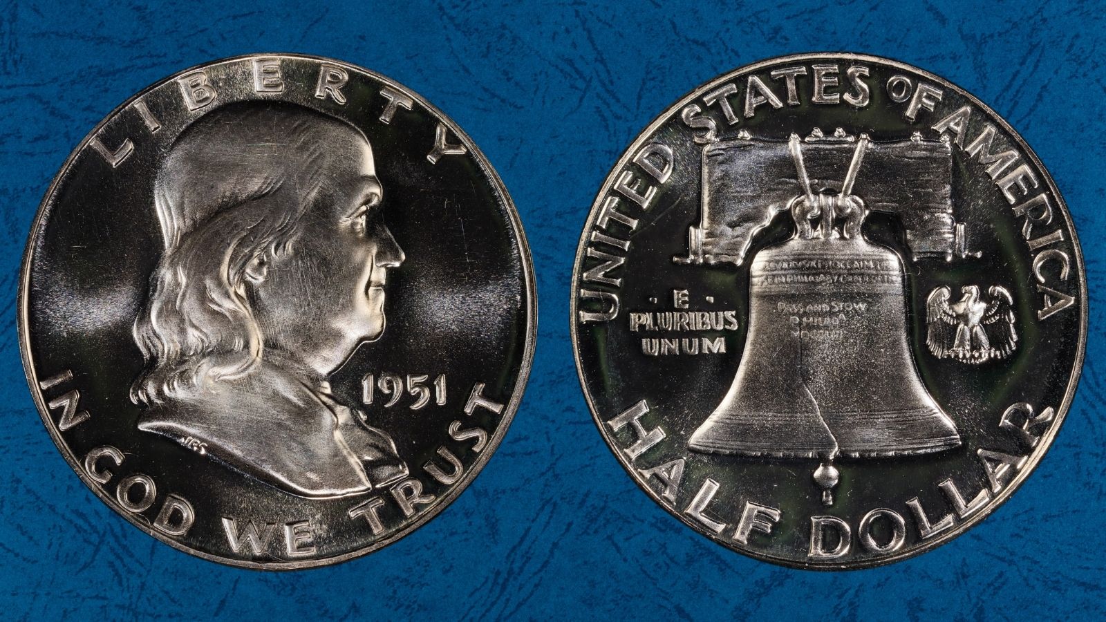 1951 Franklin half dollar Proof Deep Cameo showing frosted devices against mirror fields